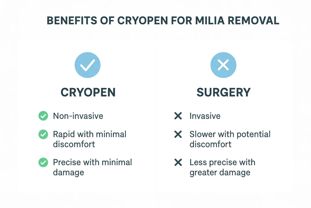 Benefits of cryopen for milia removal Hartlepool compared to surgical treatments.