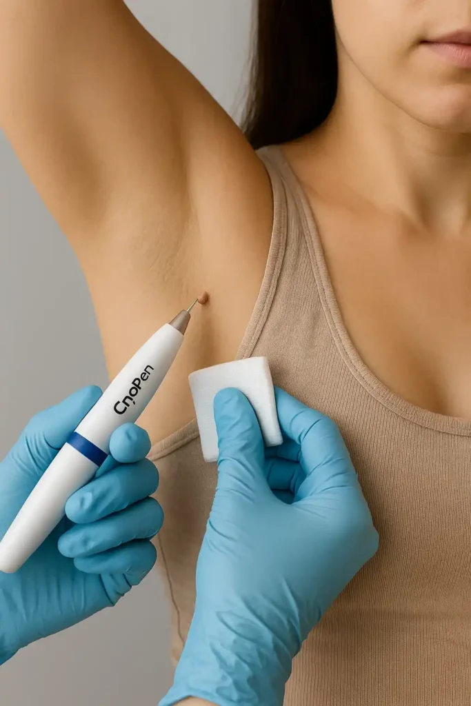 woman having cryopen to remove underarm skin tags Hartlepool