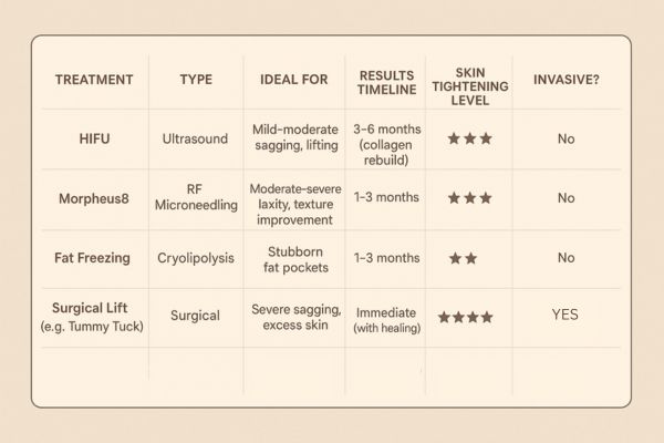 Table showing the comparisons of Skin tightening Hartlepool treatment options.